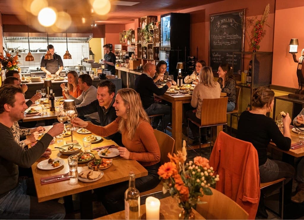 De volle huiskamer van De Tafelaar op de Kamp 8, gasten aan tafel